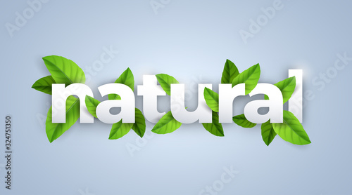 Natural word title lettering. Green eco style letters in realistic leaves. Vector writing for advertise bio, health or vegan product.