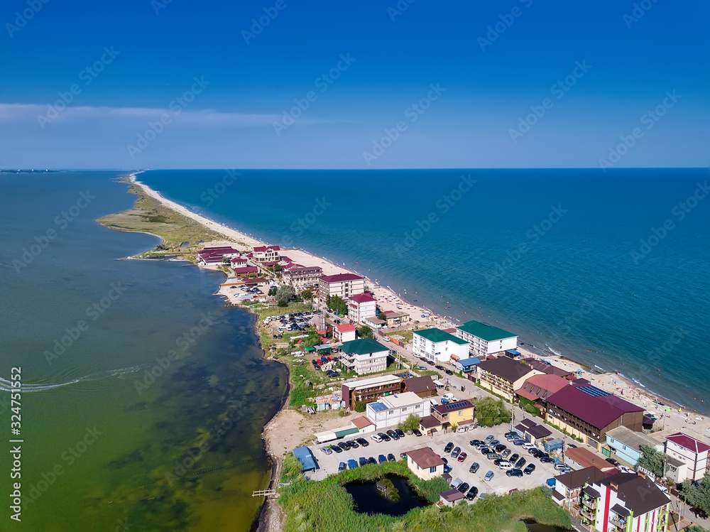 Fototapeta premium Curortnoe sea spit resort in Odessa region in Ukraine. Aerial view of beach and sea.