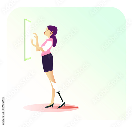 Businesswoman with artificial leg, prosthetic lower limb, in front of a touchscreen. Inclusion business lifestyle, invalid person in active life. Flat vector illustration on disability, for landing pa