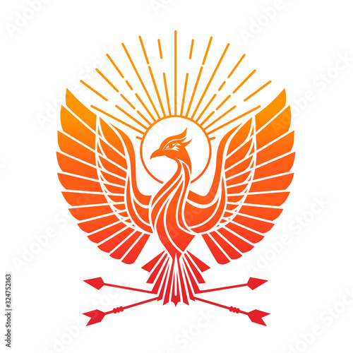 Phoenix red bird logo .Peacock flaing bird vector logo.Firebird abstract geometrical tattoo design.