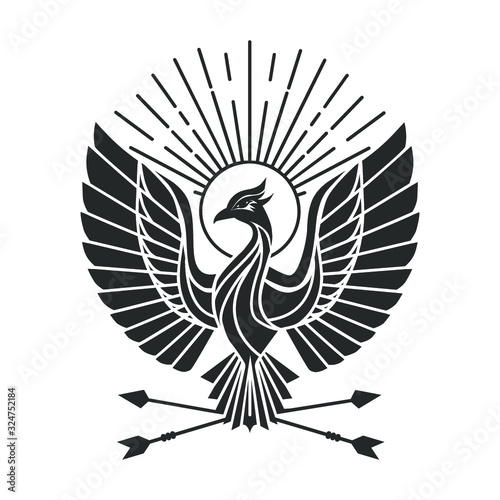 Phoenix bird logo .Peacock flaing bird vector logo.Firebird abstract geometrical tattoo design.
