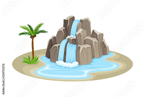 Low Tropical Waterfall with Rocky Stone Bounds Rested on Green Island Spot Vector Illustration