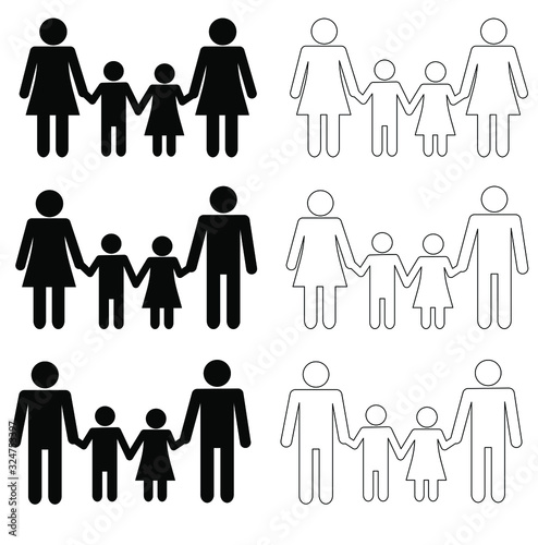 Set of silhouette of LGBT family holding hands. Contribution of parents to parenting. Vector illustration. Black and white icon set. Minimalistic design. 