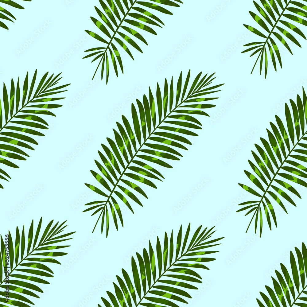 Seamless pattern with leaves. Exotic summer background. Tropical leaf design featuring teal green palm and monstera plant.