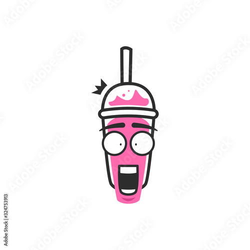jaw drop shock astonished expression of cup takeaway drink character mascot emoji in pink color drink cartoon style illustration