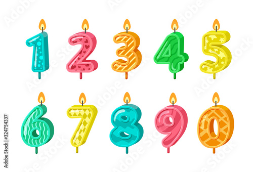 birthday numbers. anniversary decorative candles cakes. kindergarten birthday party. vector celebrating signs for kid
