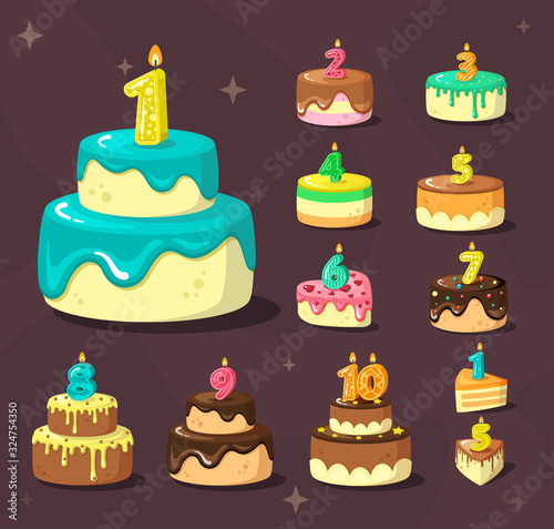 birthday cakes. celebration delicious dessert with anniversary numbers and party candles. vector cartoon birthday set