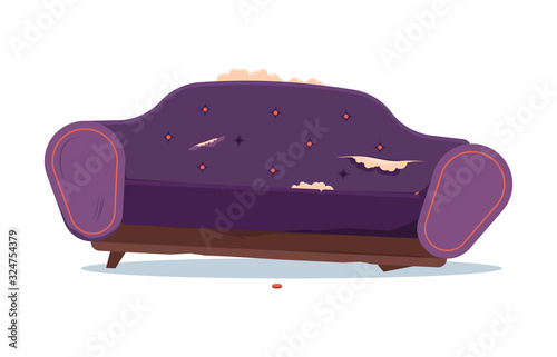 broken sofa. dirty and damaged indoor old furniture messy seat of sofa. vector interior objects in cartoon style