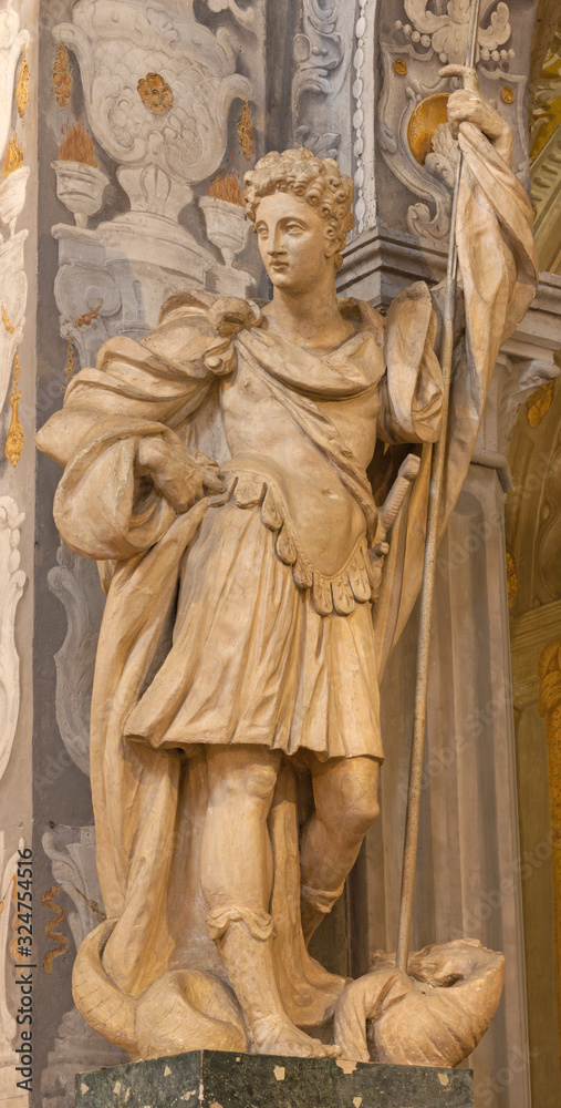 FERRARA, ITALY - JANUARY 30, 2020: The statue of St. George in church Basilica di San Giorgio fuori le mura by Francesco Casella from 16. cent.