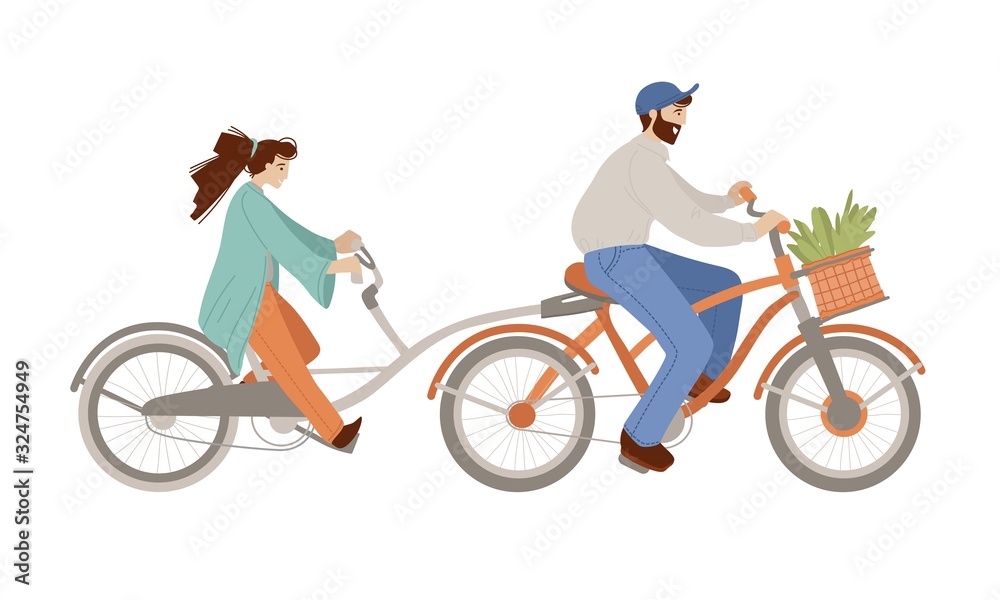 Vector cartoon illustration of happy family riding a fixed gear Co-Pilot Bike Trailer, bicycle with two adults, woman and man doing summer activities. Happy couple on a bicycle, isolated on white