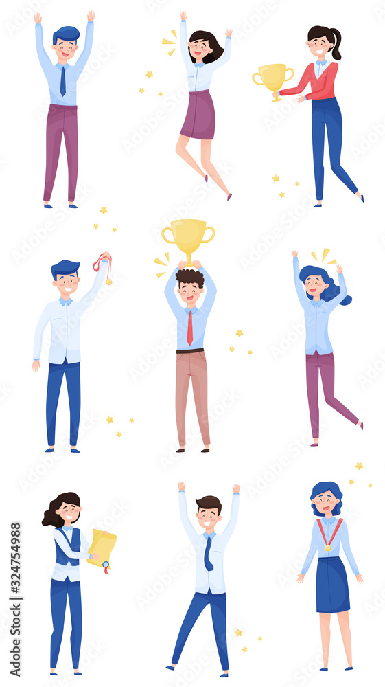 Happy Young Men and Women Standing in Different Poses and Cheering About Victory Vector Illustrations Set