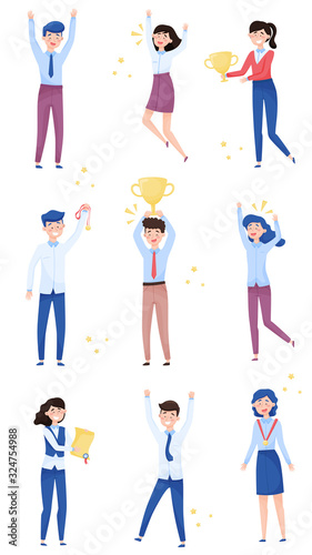Happy Young Men and Women Standing in Different Poses and Cheering About Victory Vector Illustrations Set
