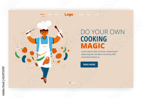 Vector cartoon Landing Page Template illustration of home and small restaurant male man cook concepts. Boy cook conducting food creating process with serious face expression
