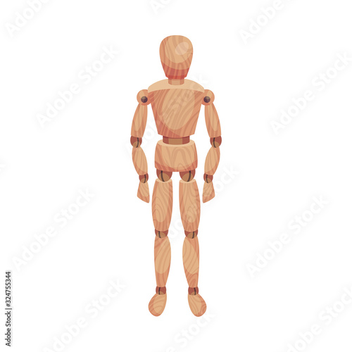 Wooden Man Standing Still Isolated on White Background Vector Illustration