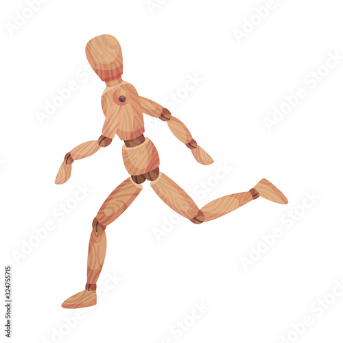 Wooden Man in Running Pose Isolated on White Background Vector Illustration