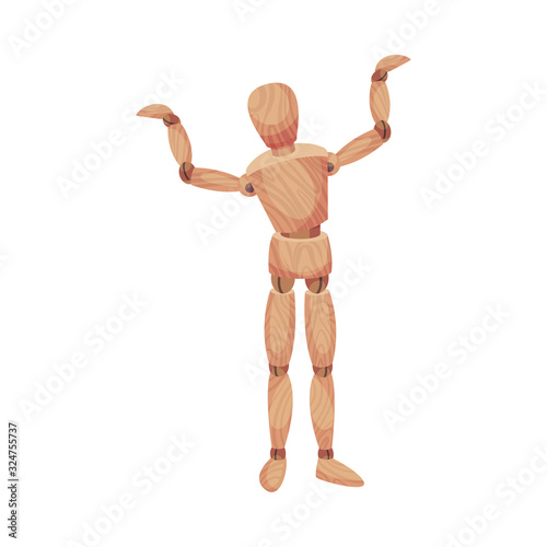 Wooden Man Standing with His Arms Raised Isolated on White Background Vector Illustration