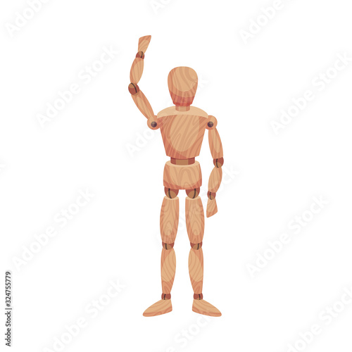Wooden Man Standing with His Arm Raised Isolated on White Background Vector Illustration