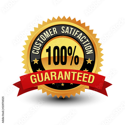 Excellent 100% customer satisfaction guaranteed gold badge, seal, sign with red ribbon isolated on white background.