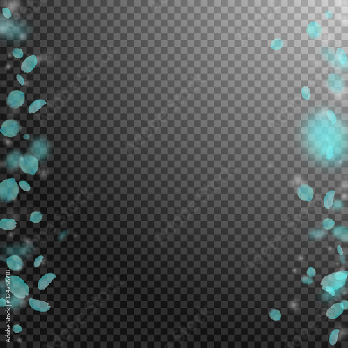 Turquoise flower petals falling down. Mesmeric rom