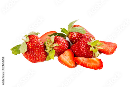 A bunch of juicy appetizing strawberries. Isoded on a white background. Close-up.