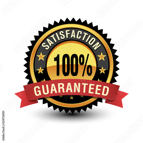 Powerful Gold 100 percent satisfaction Guaranteed button, badge With red ribbon on white background.