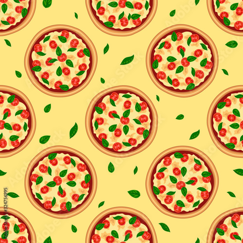 Flat pizza margherita with tomato, cheese, basil. Fast food seamless pattern. Abstract texture for print, paper, kitchen design, fabric, cafe decor, wrap, backgrounds, menu, ads. Vector illustration