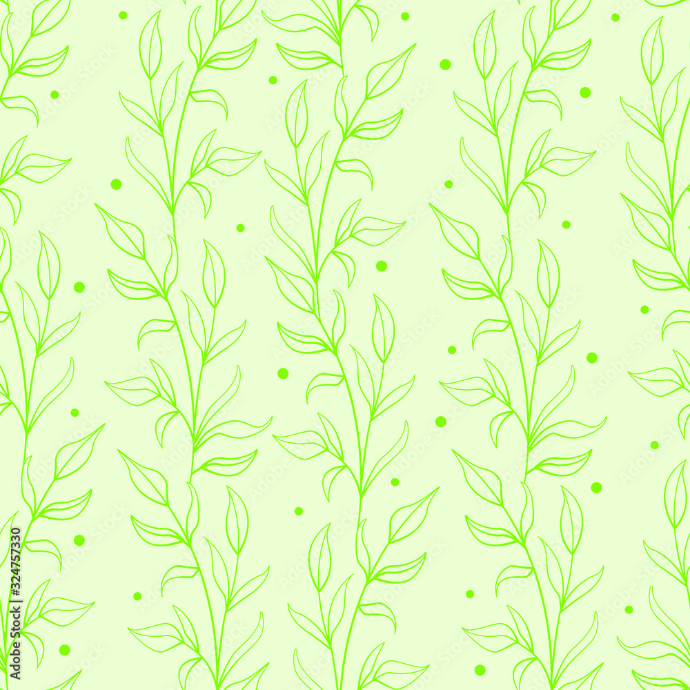 Leaf seamless pattern; green vertical leaf twigs on green background; abstract floral design for fabric, wallpaper, textile, wrapping paper, web design.
