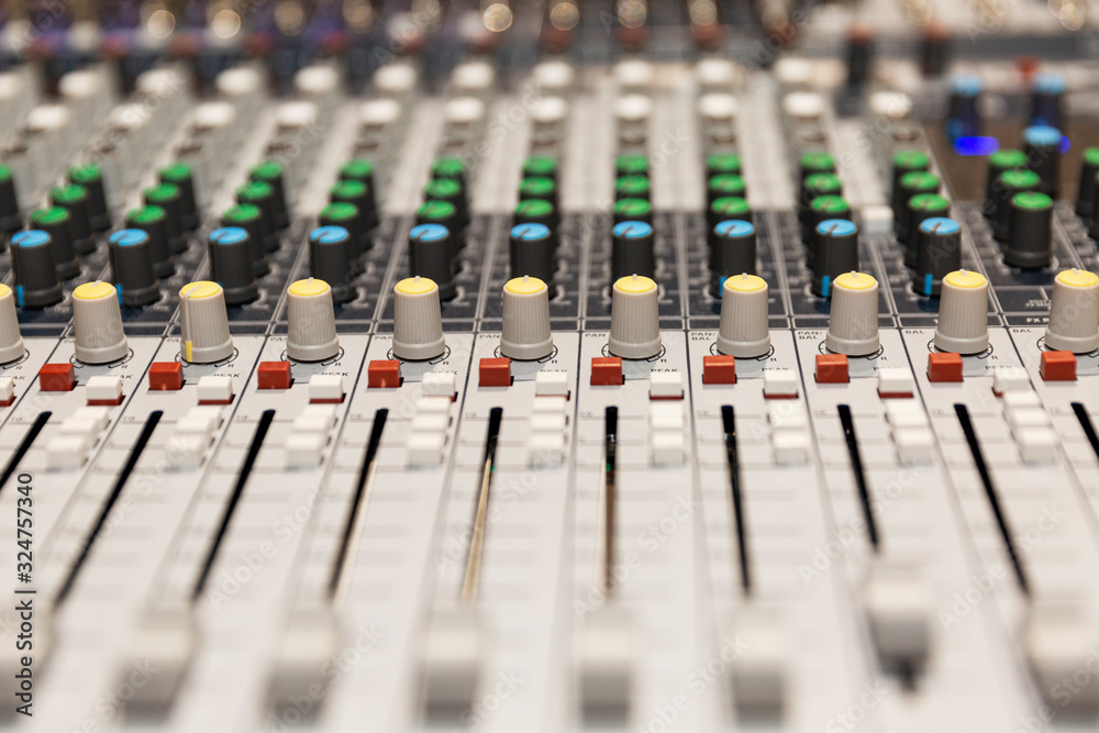 Sound mixer control panel. Close-up. Sound mixer control panel. Close-up.
