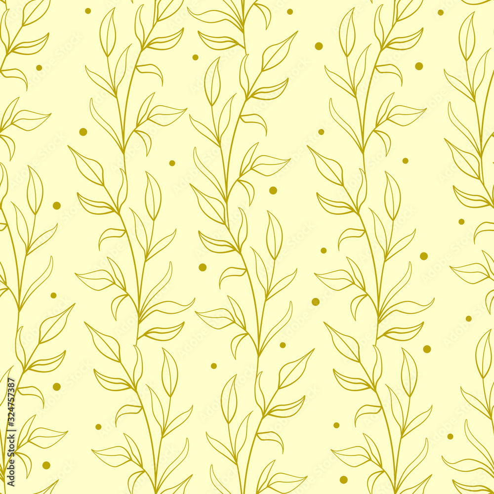 Leaf seamless pattern; gold vertical leaf twigs; abstract floral design for fabric, wallpaper, textile, wrapping paper, web design.