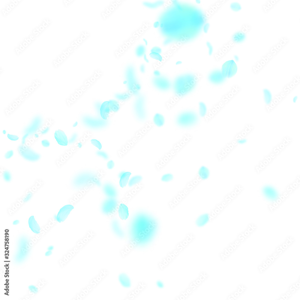 Turquoise flower petals falling down. Trending rom