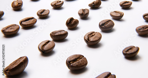 brown coffee beans on a white background laid out in rows