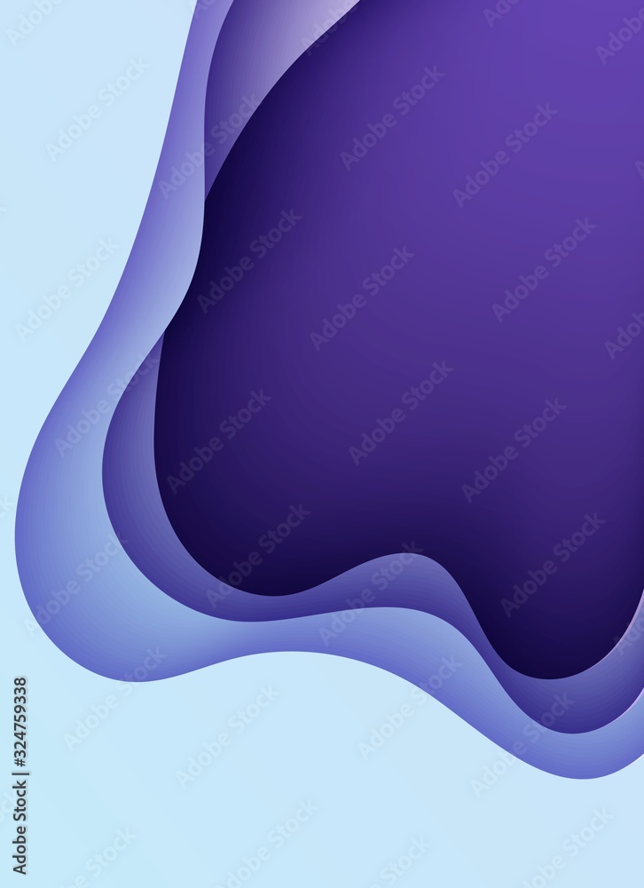 Abstract wavy flyer in paper cut style. Mysterious gradient purple background. Vector fashionable composition of colored shapes cut out of paper. 3D Paper carve card. Modern origami design template.