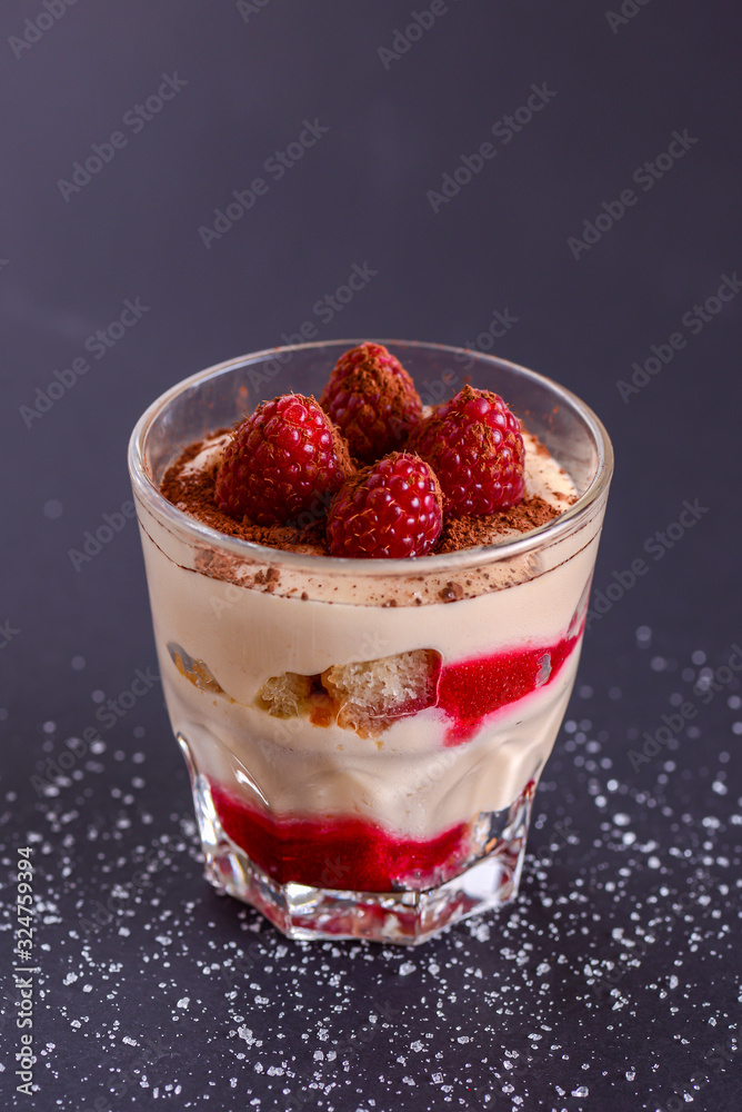 Italian dessert panna cotta with raspberries and cocoa powder served in small glass over black background. Italian dessert panna cotta with raspberries and cocoa powder served in small glass over black background.