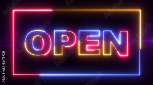 Open text word on advertising signboard in red  blue and yellow with soft lens flare in background