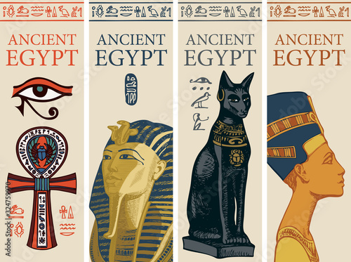 Fototapeta Set of vector travel posters with colored images of Coptic Cross, Tutankhamun, Bastet and Nefertiti