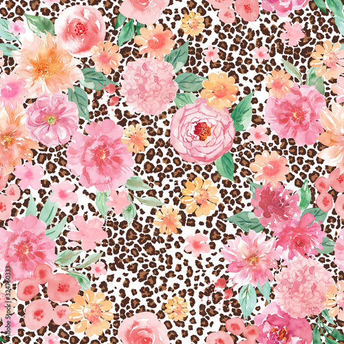 Pink flowers and leopard print seamless pattern, watercolor animal and floral background