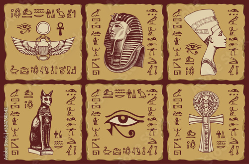 Set of vector banners in the form of ceramic tiles with hieroglyphs and illustrations on the theme of Ancient Egypt. The Egyptian symbols and mascots. Advertising posters or flyers for travel Agencies