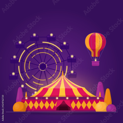 Illustration with amusement park on purple background