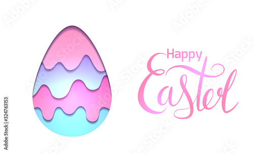 Happy easter. Horizontal postcard with an egg cut out of paper and lettering on a white background. Layers festive symbol. Vector template for cards, banners, labels and your creativity.