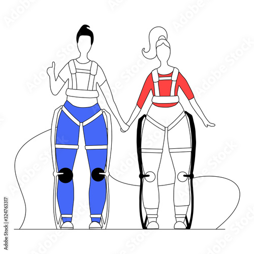 Outline illustration of pair in exosuit with abstract bacground. Medical exoskeleton to help people with disabilities. Innovation in healthcare. Vector contour image for banner and your design