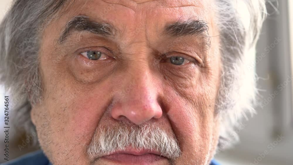 4K video. The senior man calmly and kindly looks at the camera. Day light. 4K video. The senior man calmly and kindly looks at the camera. Day light.