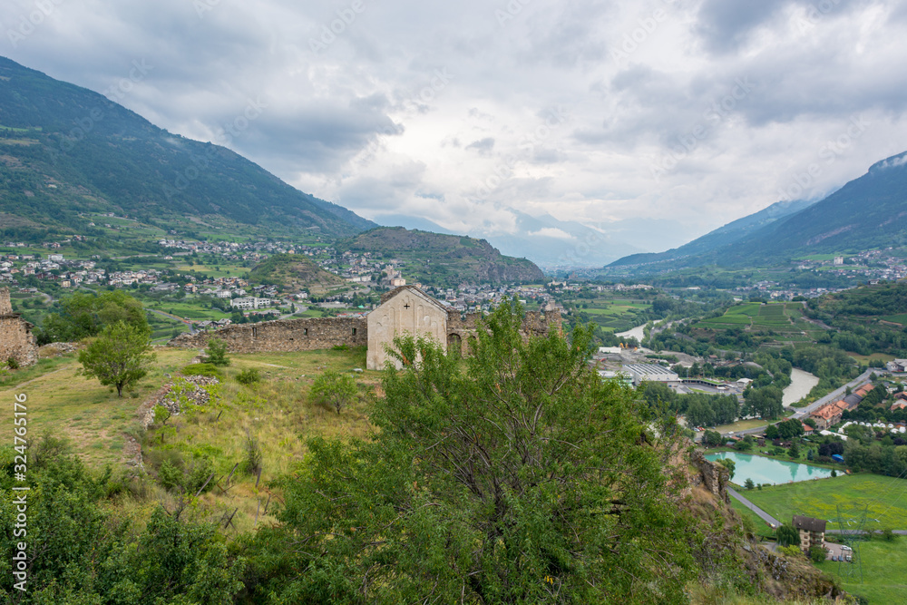 Ruins of old castle on a hill above Aosta.