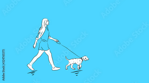 cute woman walking with a dalmatian dog on leash   can be used as t-shirt/banner/card design simple hand drawn style minimal vector illustration