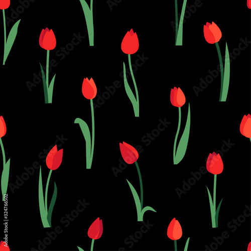 Floral seamless pattern with red tulip flowers and green leaves isolated on black background. Endless texture for spring or summer design. Bright fabric print for greeting card template. Womens Day. © LiaRey