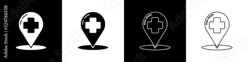 Set Medical map pointer with cross hospital icon isolated on black and white background. Vector Illustration