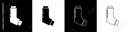 Set Inhaler icon isolated on black and white background. Breather for cough relief, inhalation, allergic patient. Medical allergy asthma inhaler spray. Vector Illustration