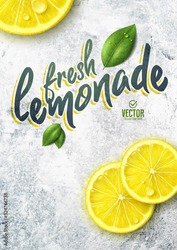 Vector realistic lemon illustration and leaves on white stone background