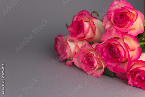 Bouquet of roses on grey background. Close up of flowers. Concept of Mothers Day  8 March  Women   s Day. .