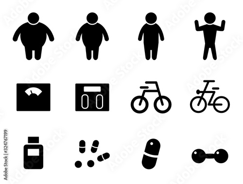 ダイエット、健康、体型、肥満、体重、サプリメントなどのアイコンセット