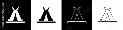 Set Traditional indian teepee or wigwam icon isolated on black and white background. Indian tent. Vector Illustration